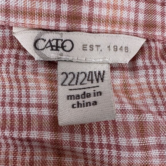 Cato Womens Plus Size 22/24W Plaid Button Front Blouse Pink Beige Tie Waist - Picture 2 of 7